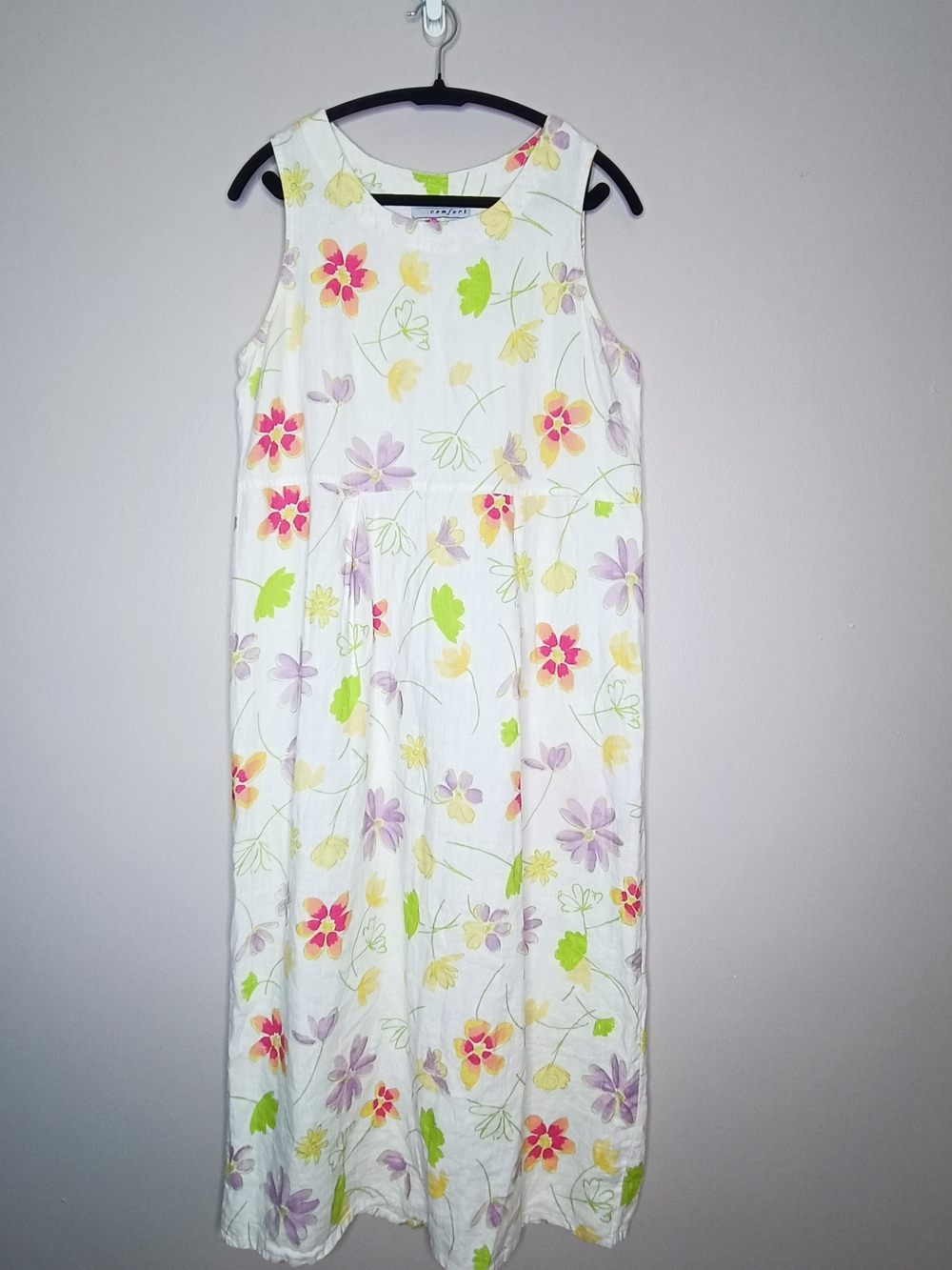 VTG 90s Real Comfort Floral Sleeveless Linen Maxi Dress Sz L Watercolor